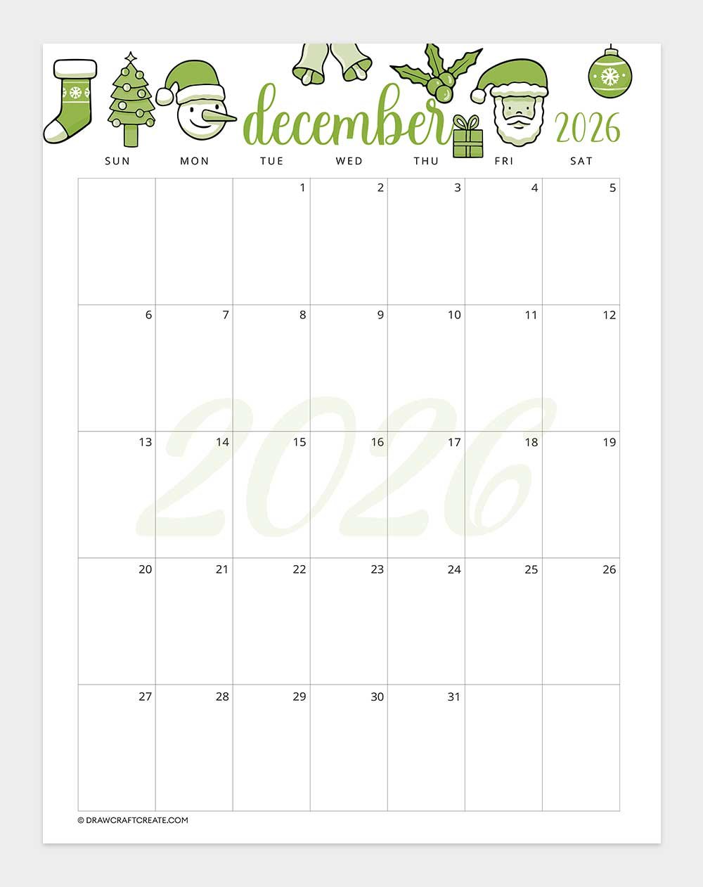 printable december 2026 calendar