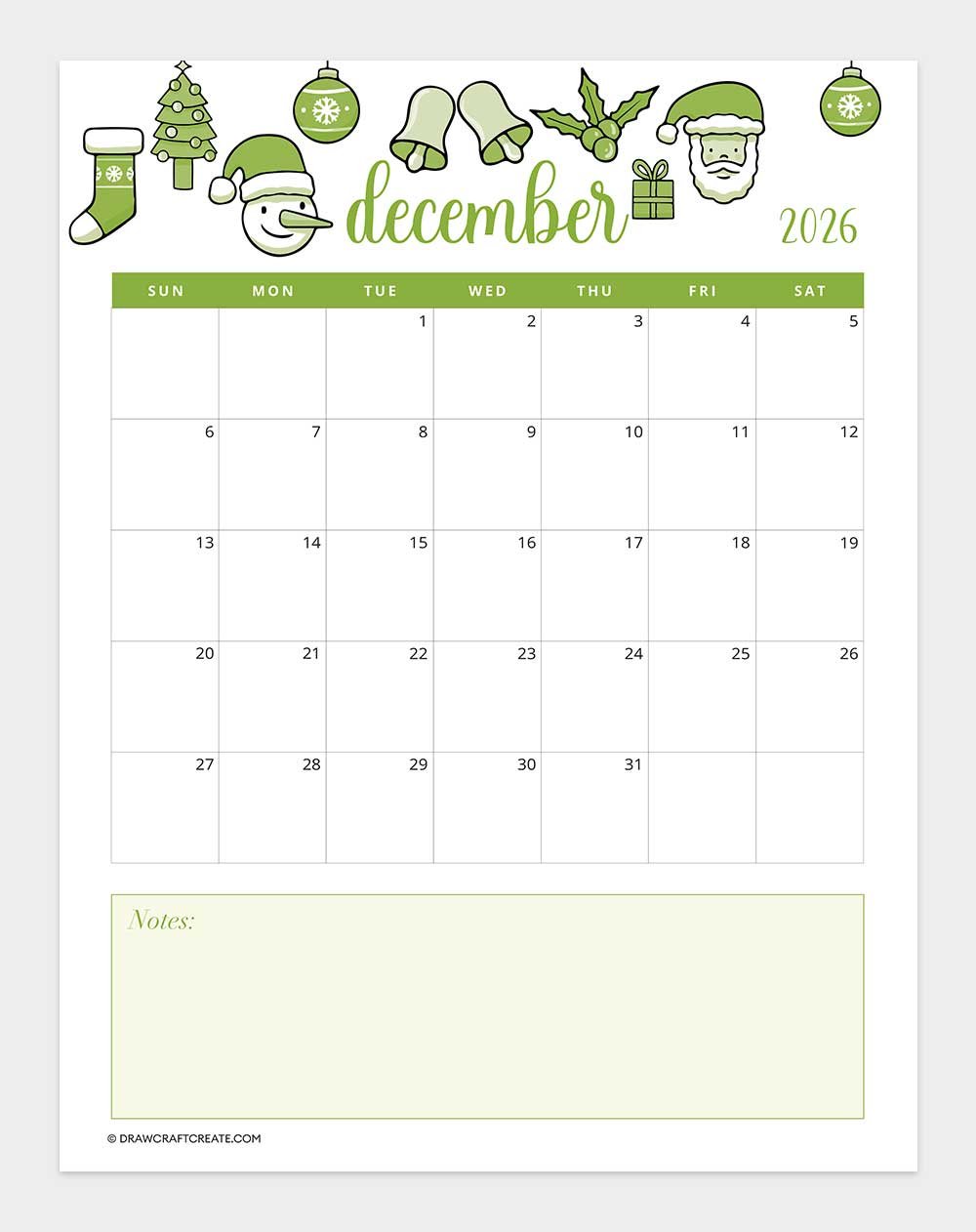 printable december 2026 calendar