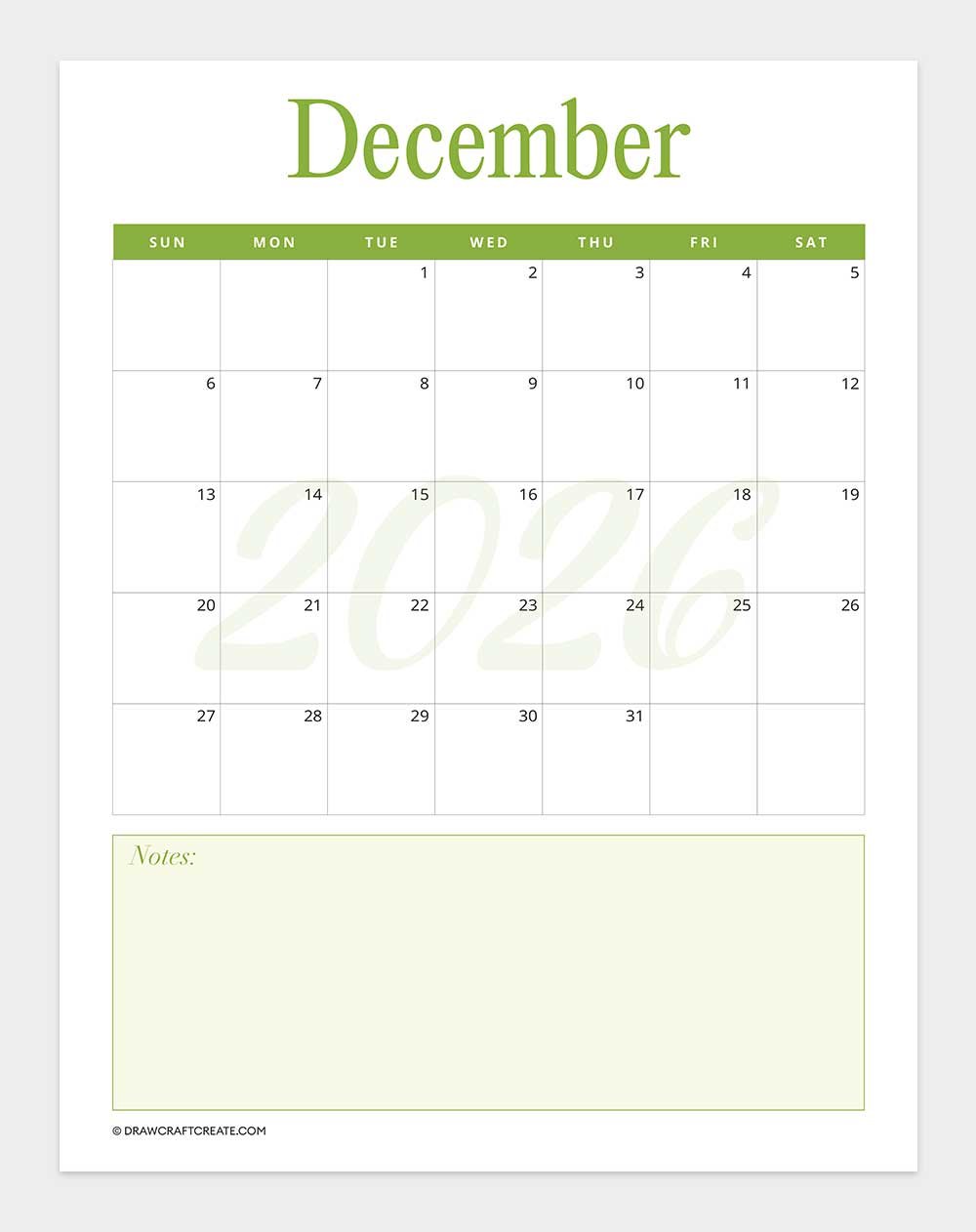 printable december 2026 calendar