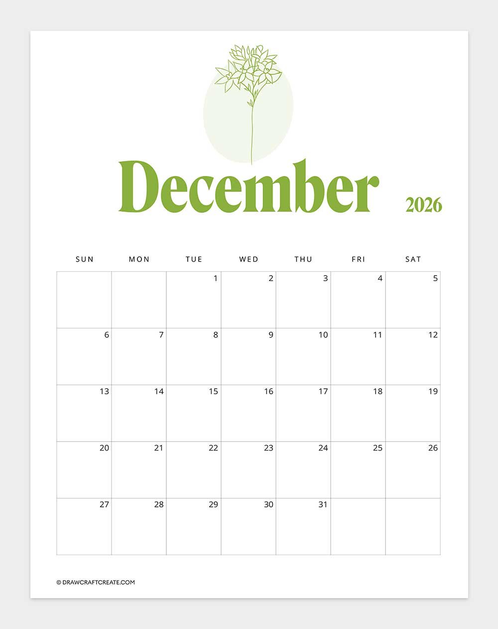 printable december 2026 calendar
