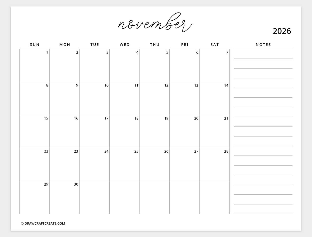 printable november 2026 calendar