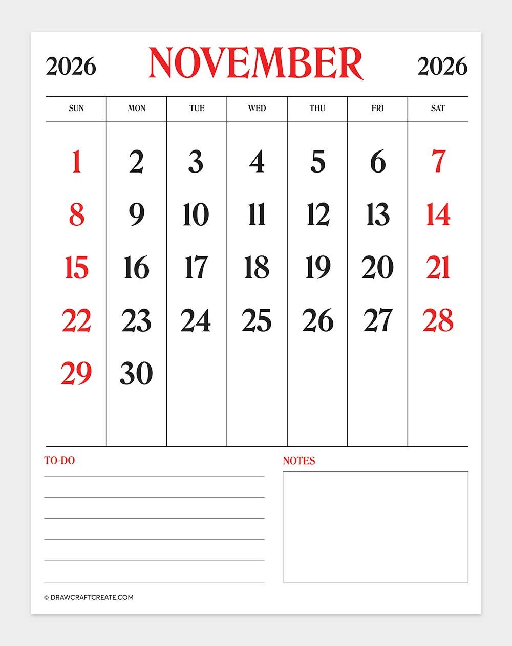 printable november 2026 calendar