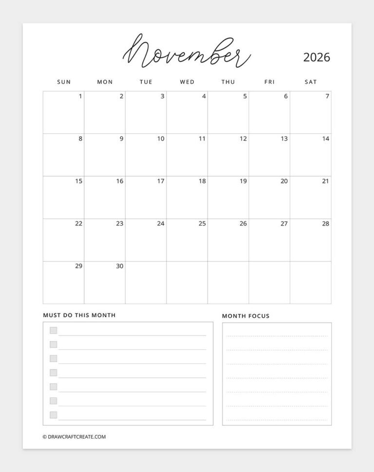 Free Printable November 2026 Calendars (43 Design) - Draw Craft Create