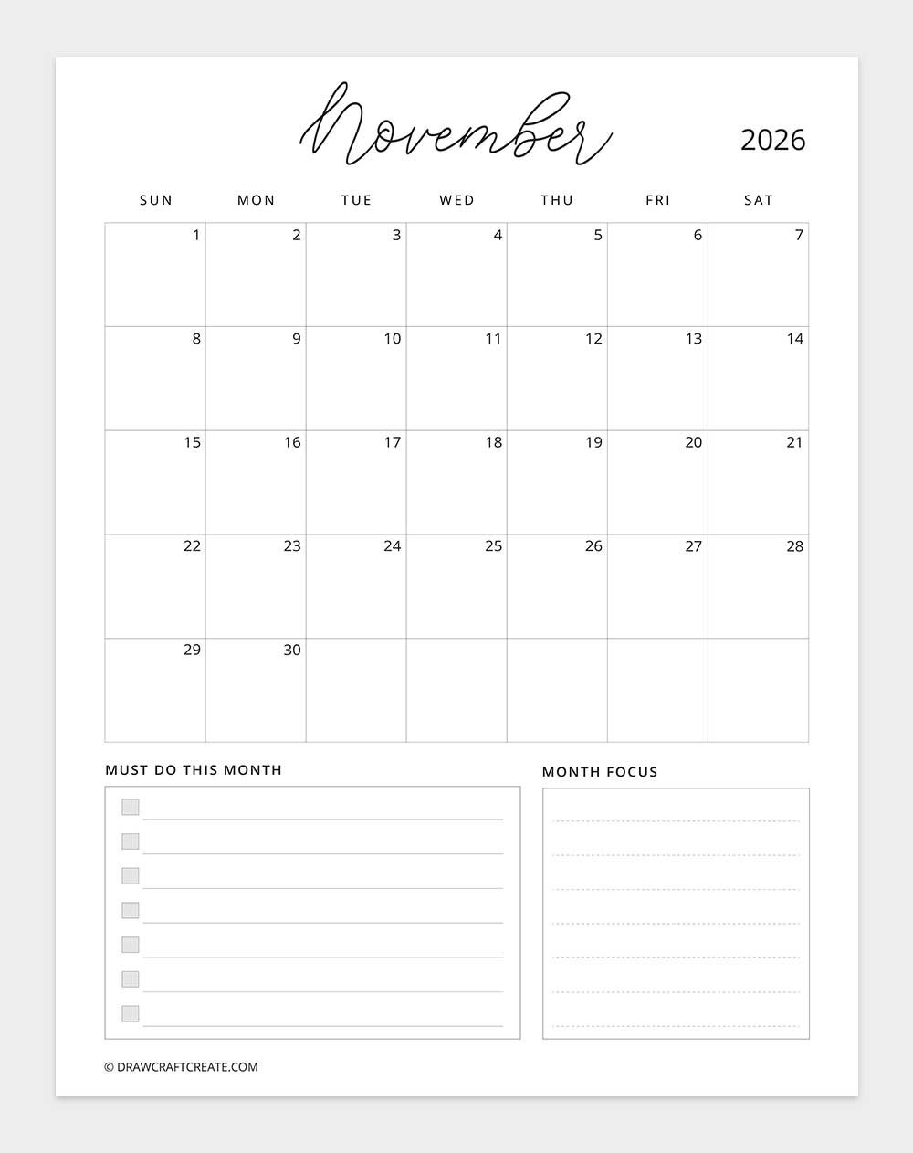 printable november 2026 calendar