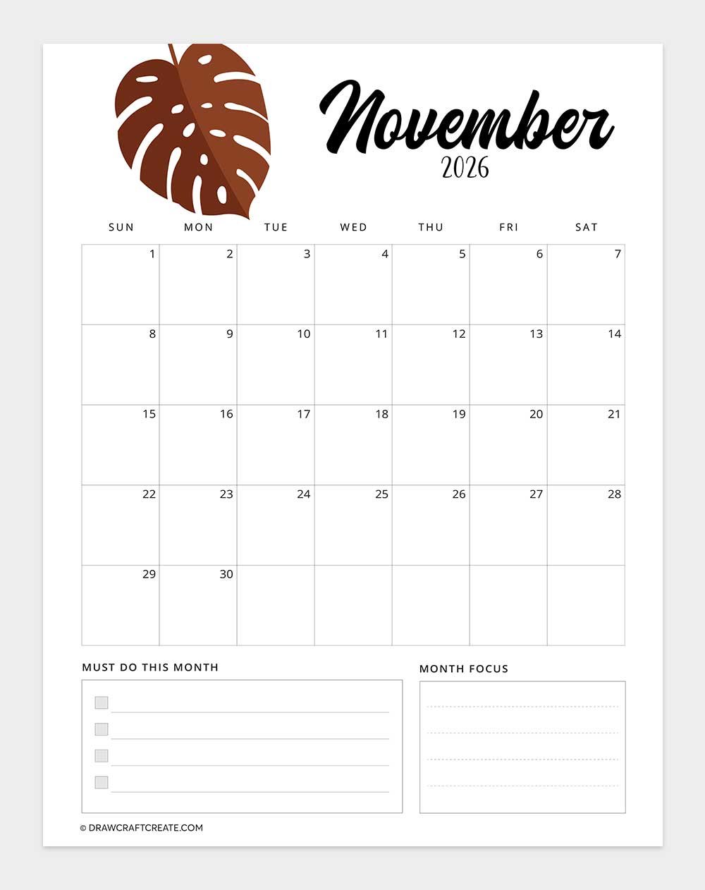 printable november 2026 calendar