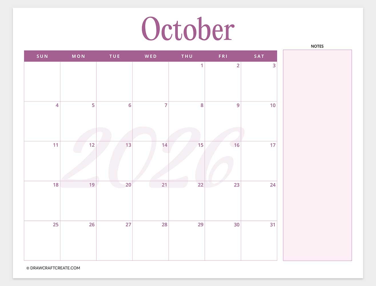 printable october 2026 calendar