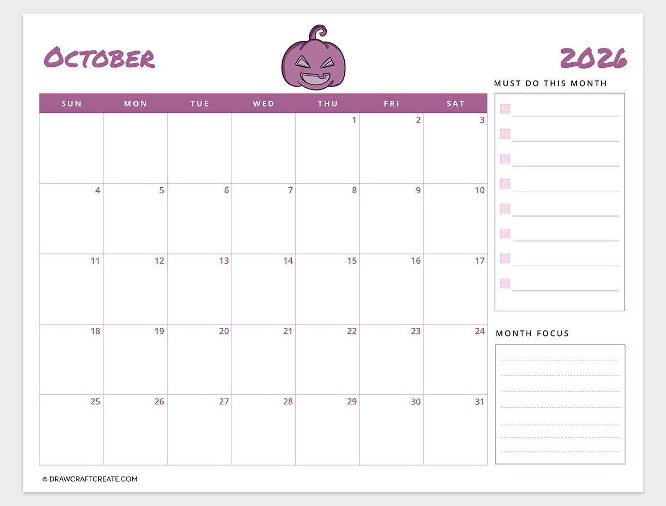 printable october 2026 calendar