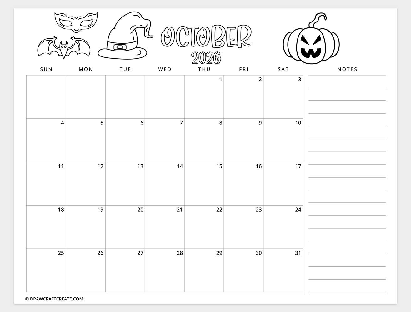 printable october 2026 calendar
