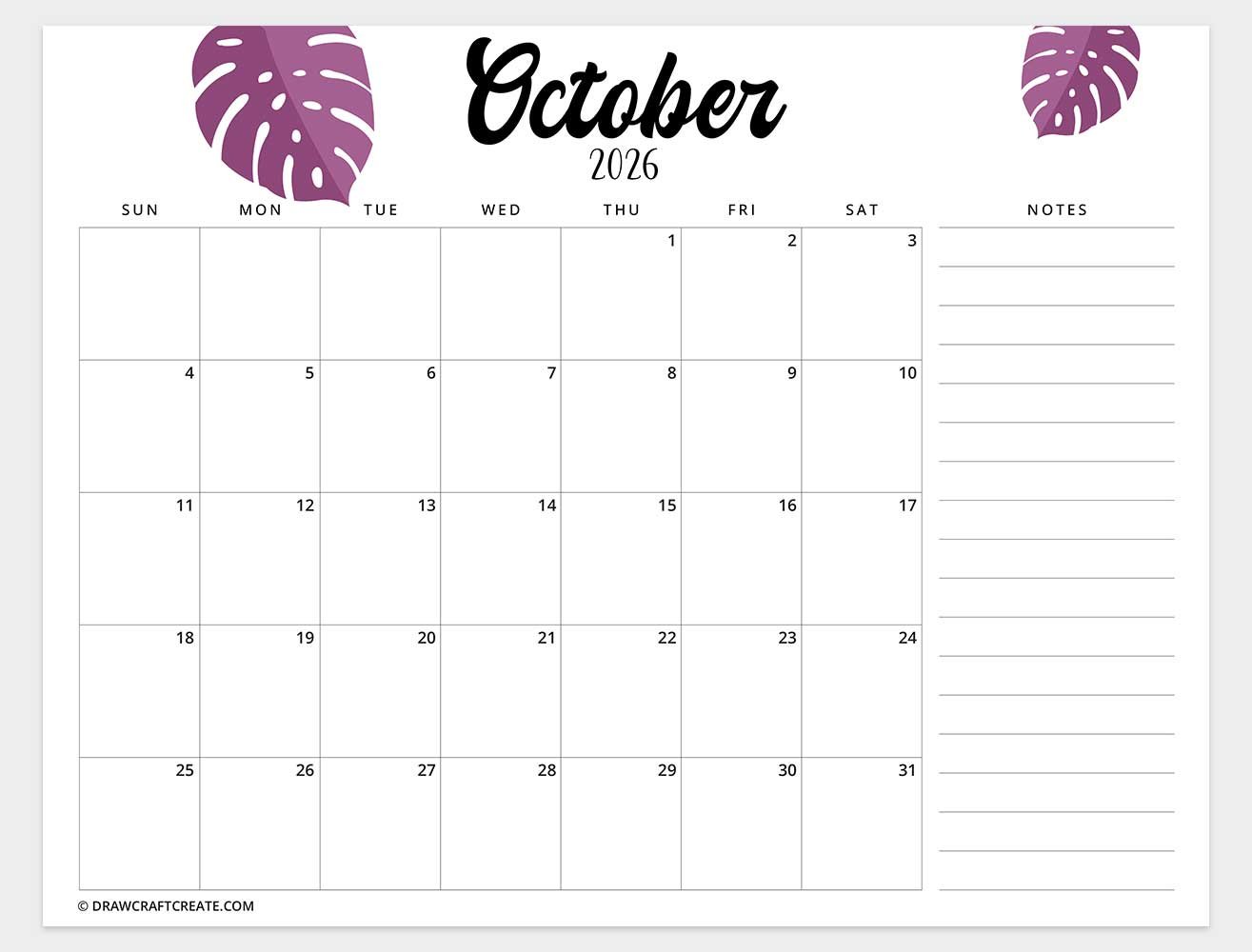 printable october 2026 calendar