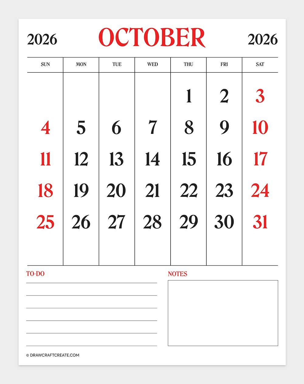 printable october 2026 calendar