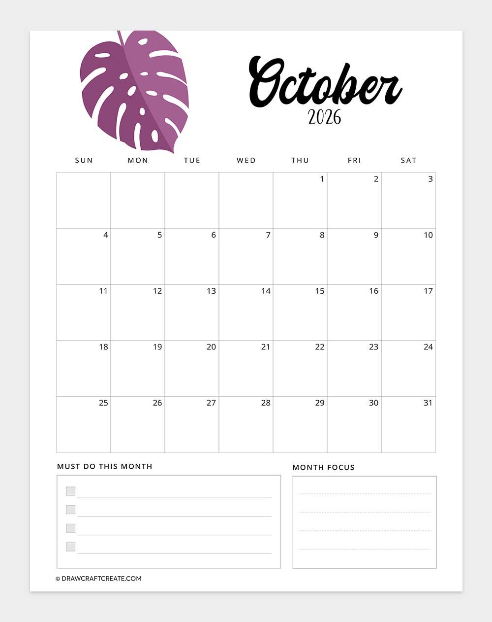 printable october 2026 calendar