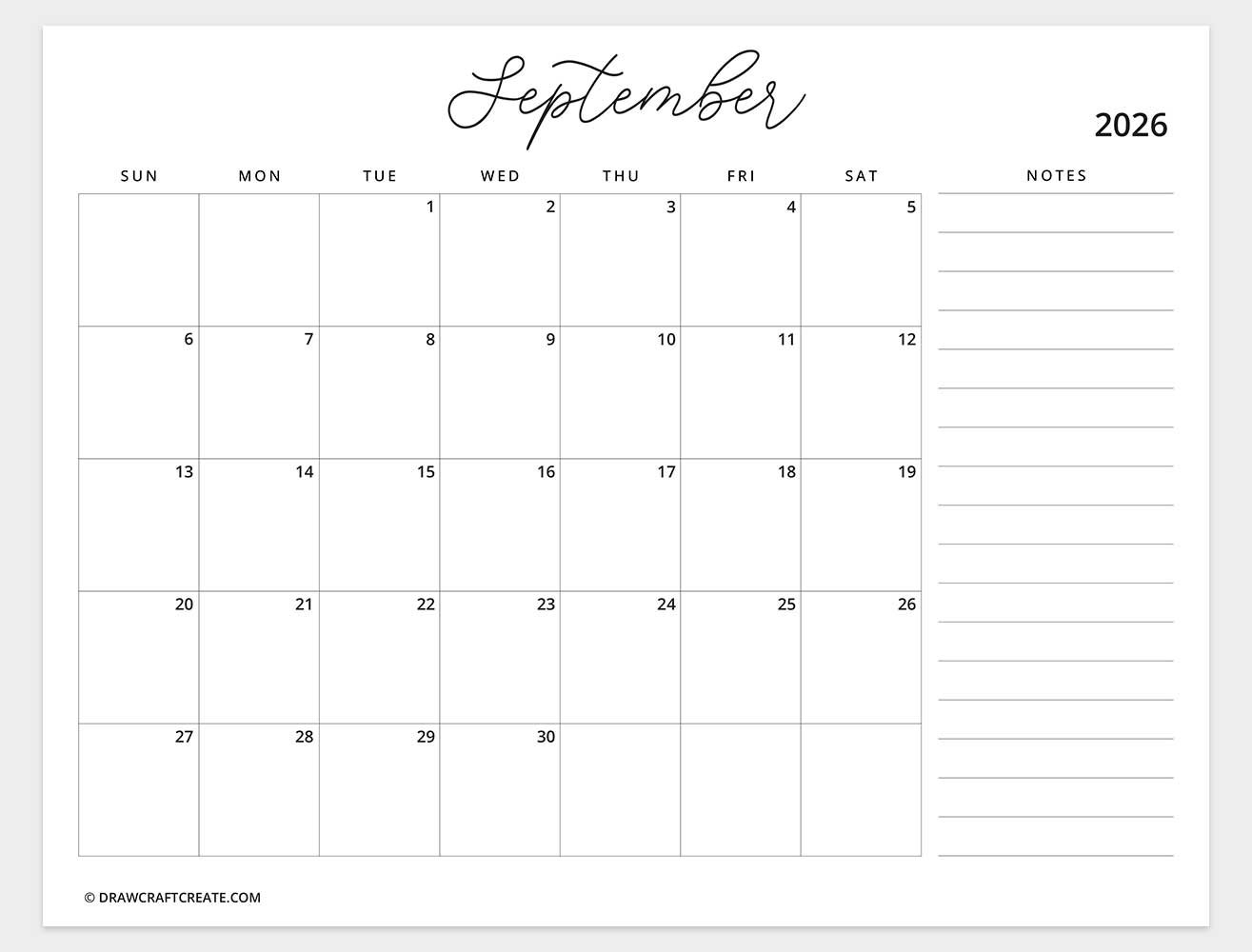 printable september 2026 calendar