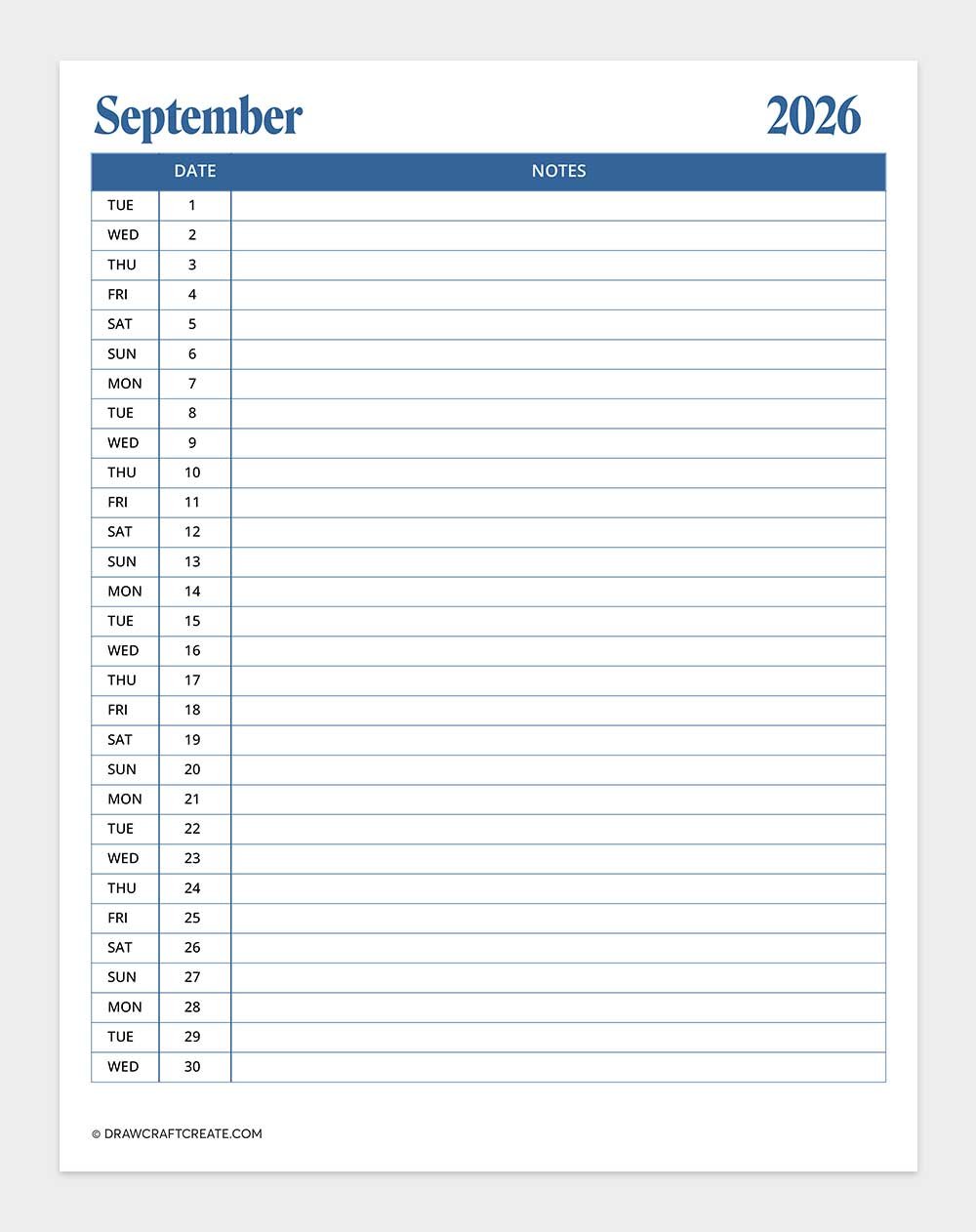 printable september 2026 calendar