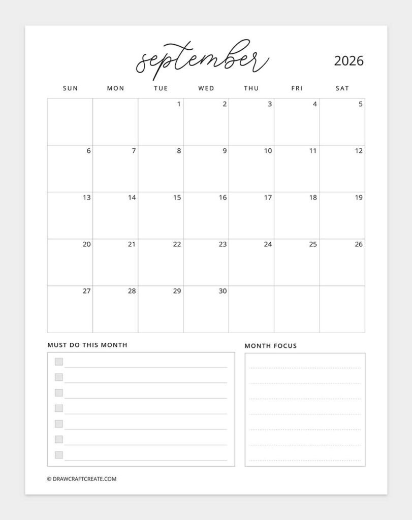 Free Printable September 2026 Calendars (43 Design) - Draw Craft Create