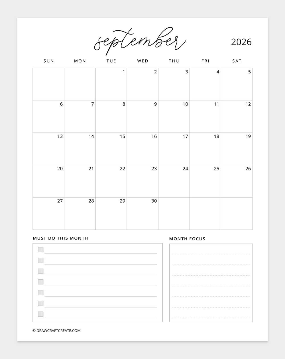 printable september 2026 calendar