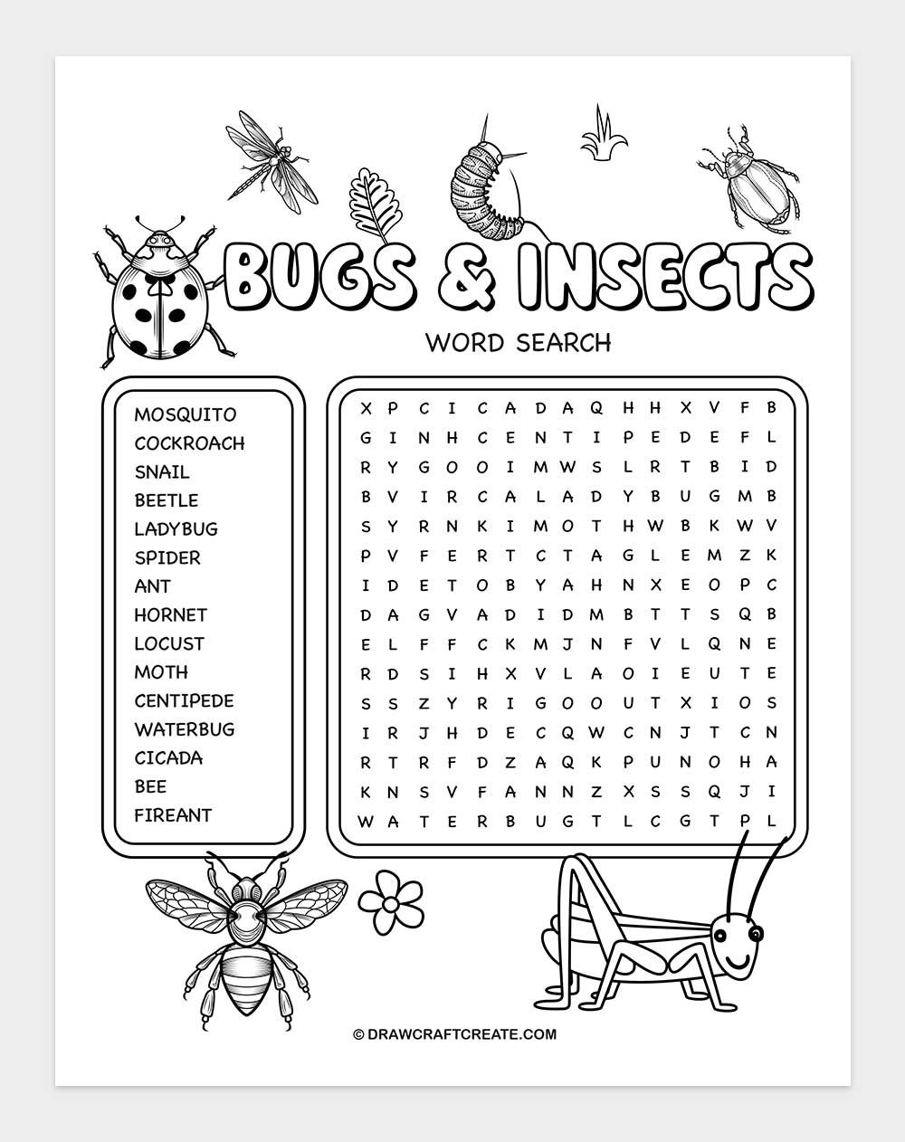 printable Insects Word Search