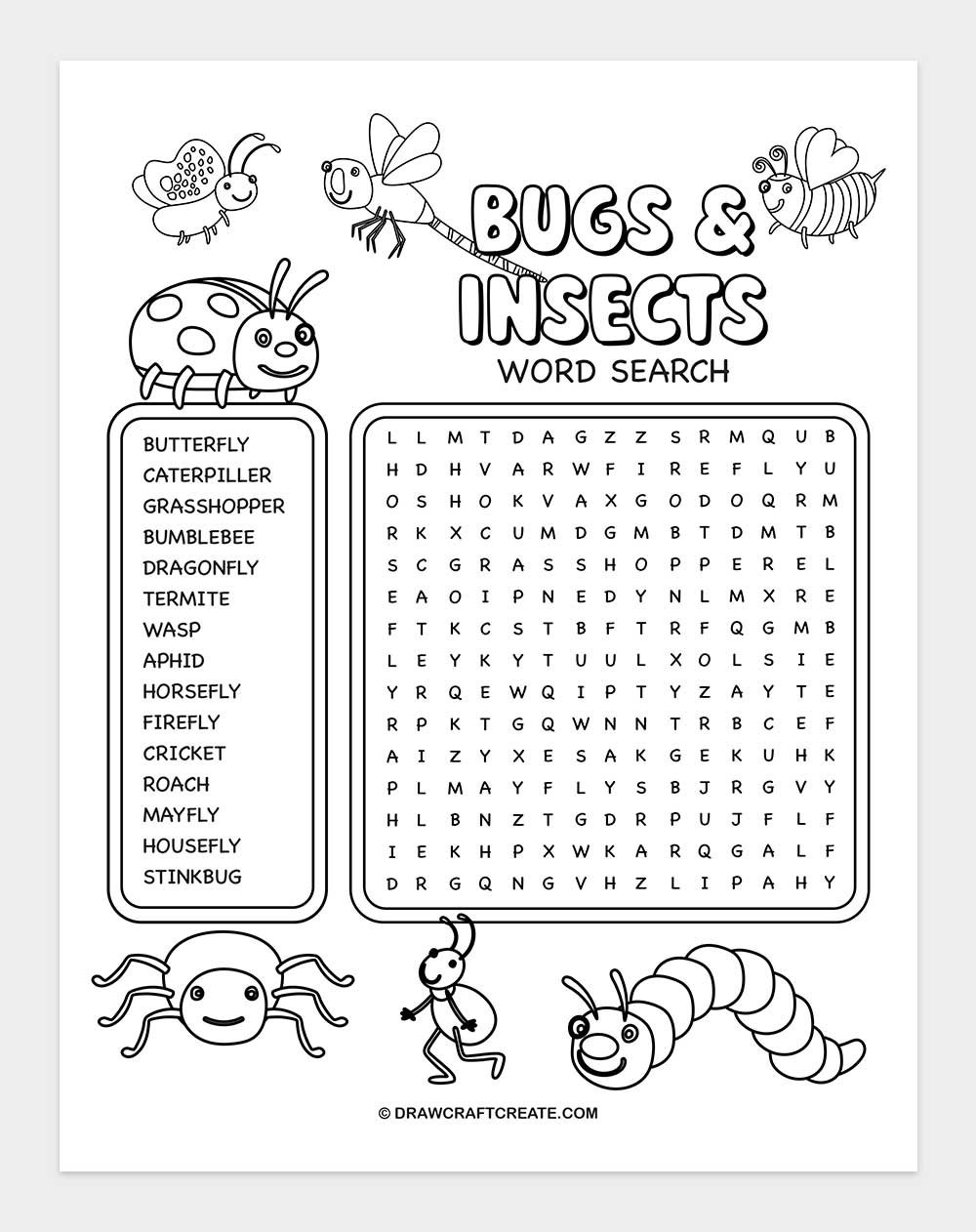 printable Insects Word Search