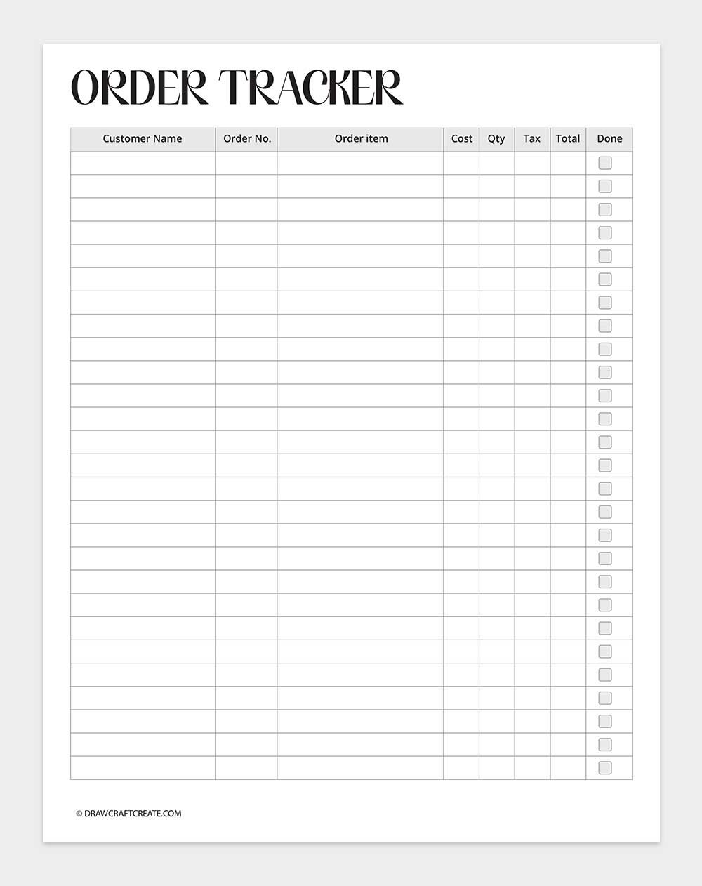 printable order tracker template