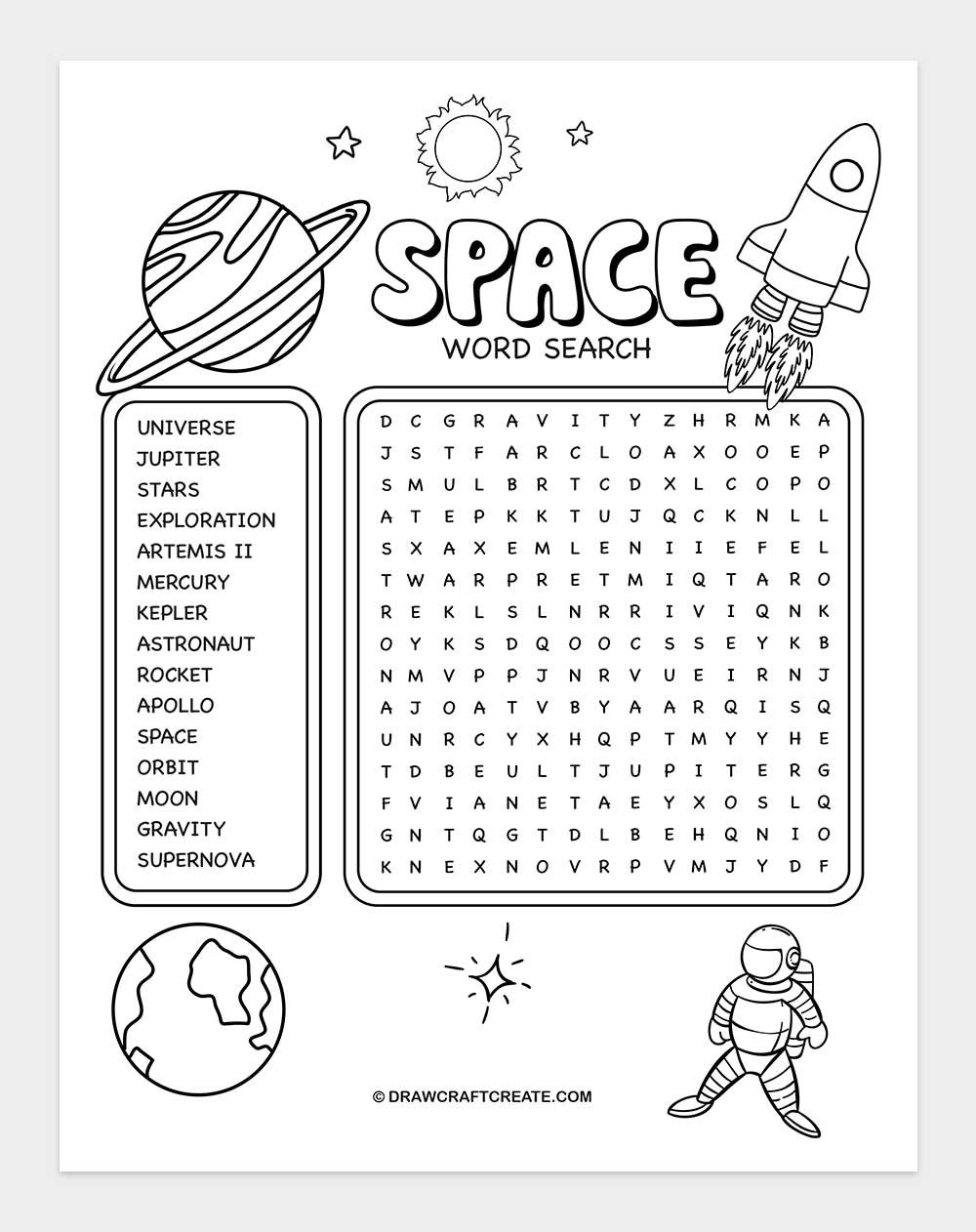 printable space word search