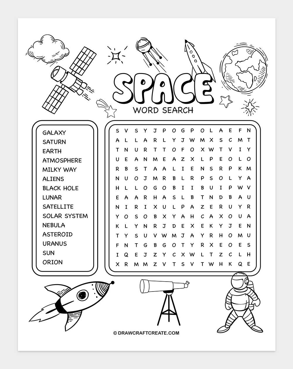 printable space word search