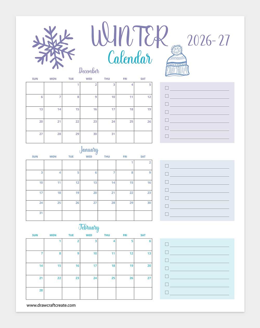 printable winter calendar 2026-2027