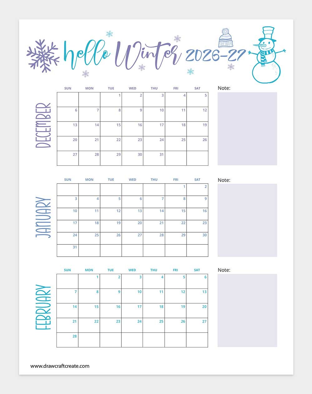 printable winter calendar 2026-2027