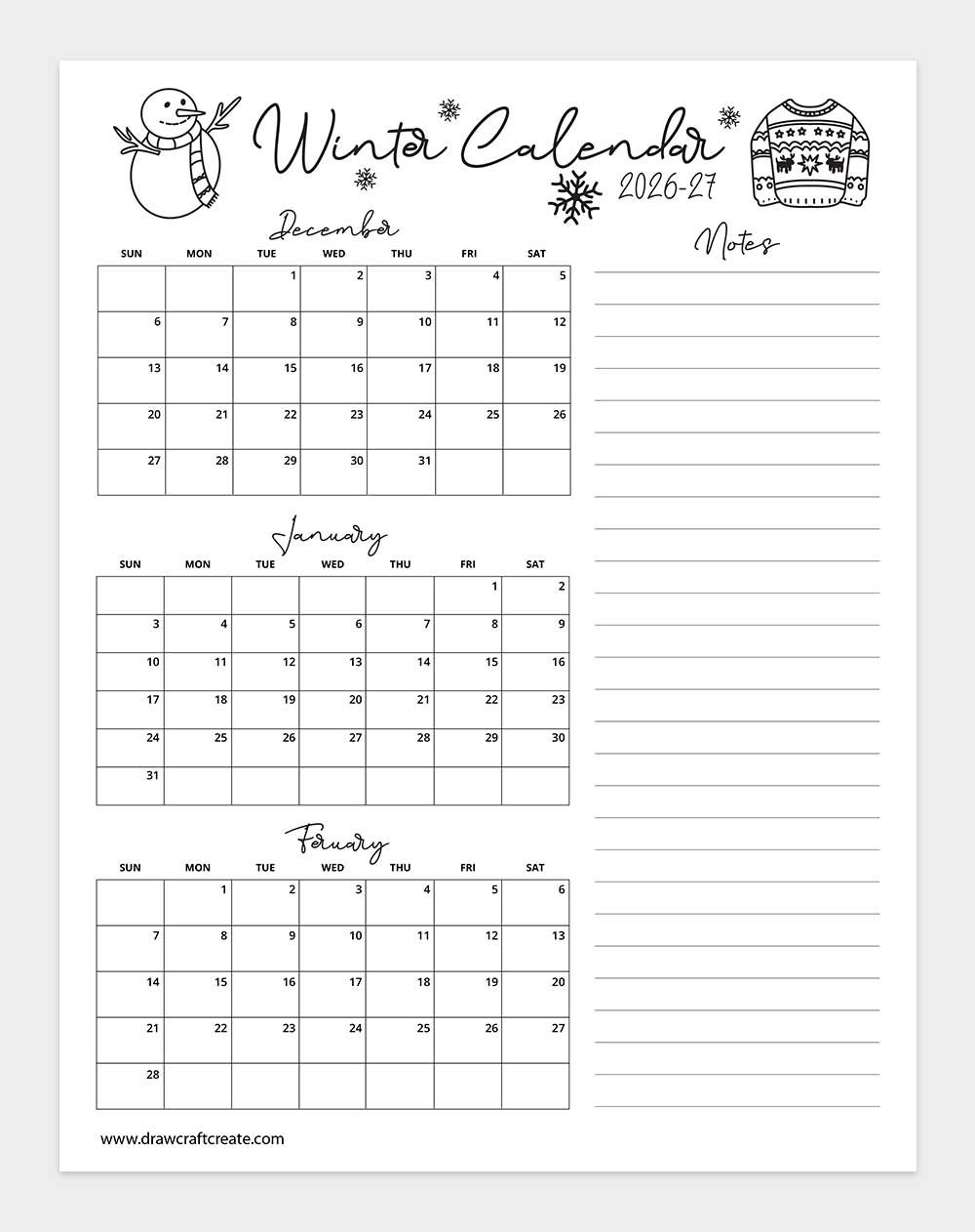 printable winter calendar 2026-2027