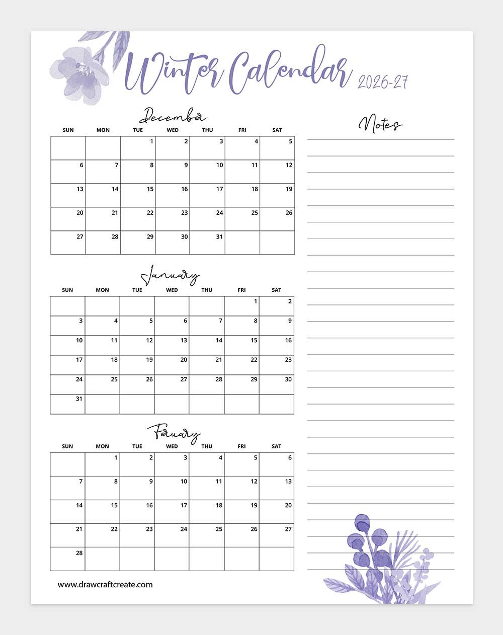printable winter calendar 2026-2027