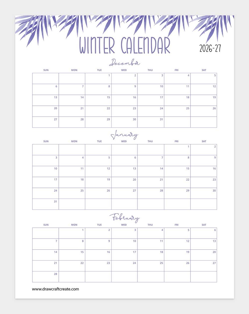 printable winter calendar 2026-2027