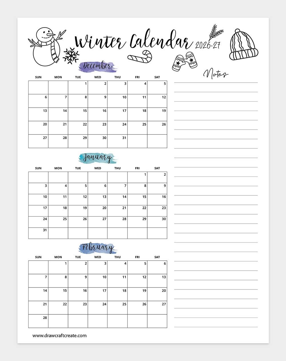 printable winter calendar 2026-2027