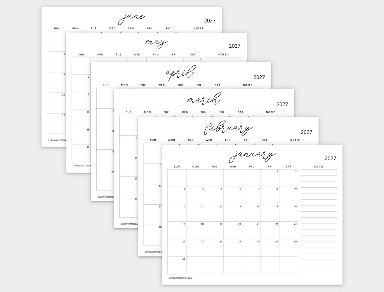 2027 calendar with note sunday start