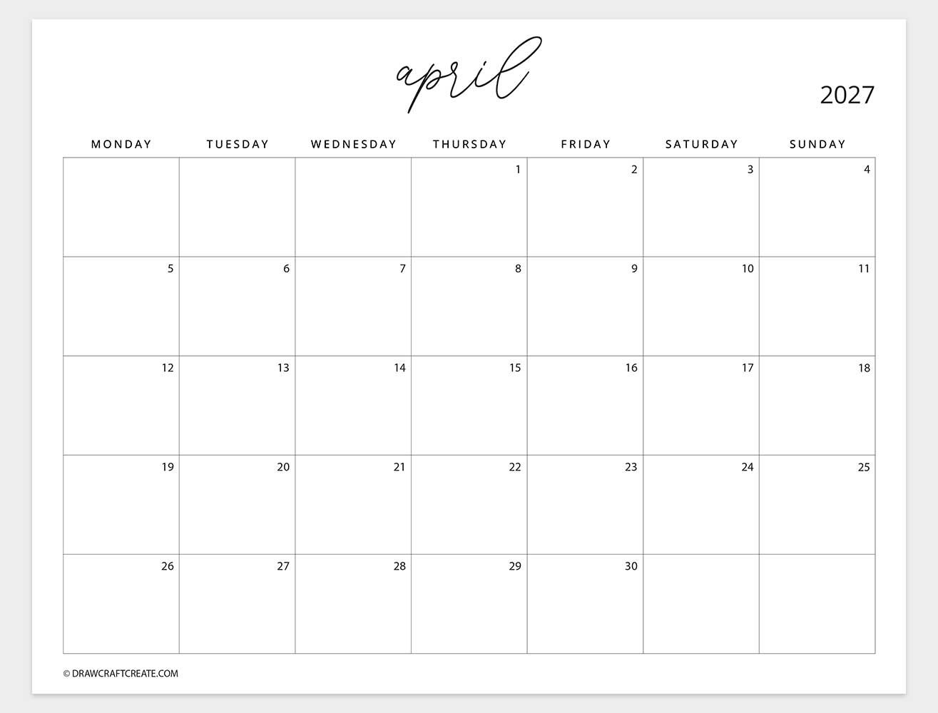 april 2027 calendar sunday start
