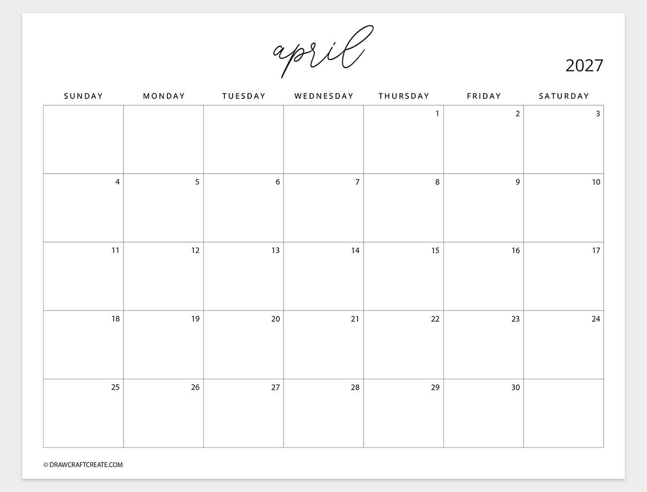 april 2027 calendar sunday start