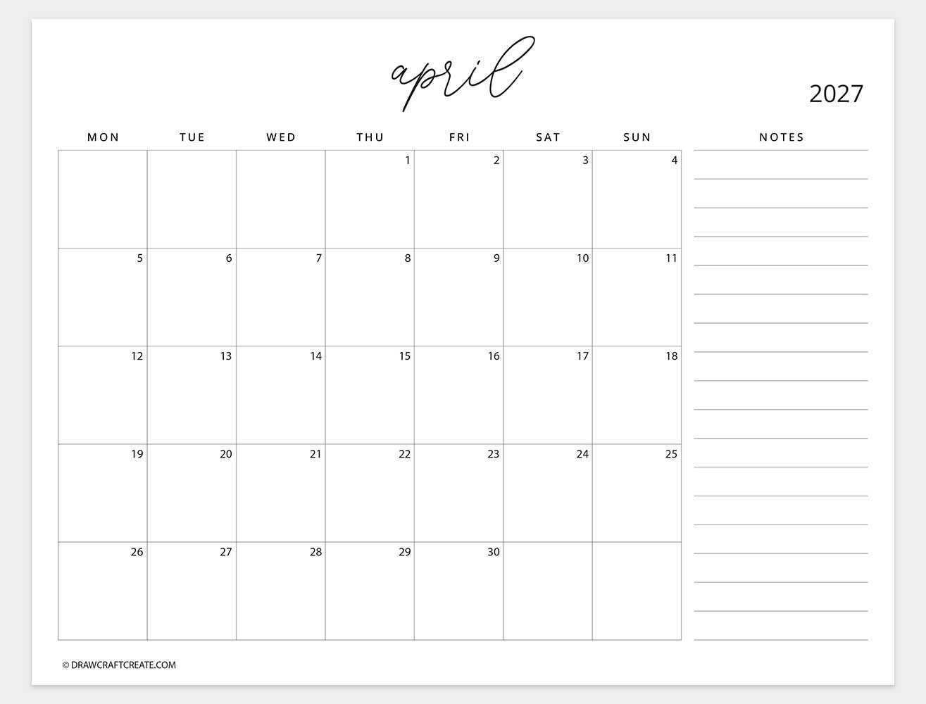 april 2027 calendar sunday start