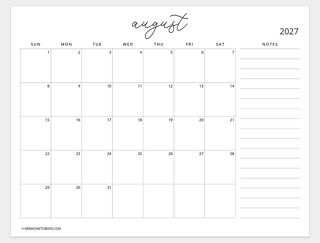 august 2027 calendar with note sunday start