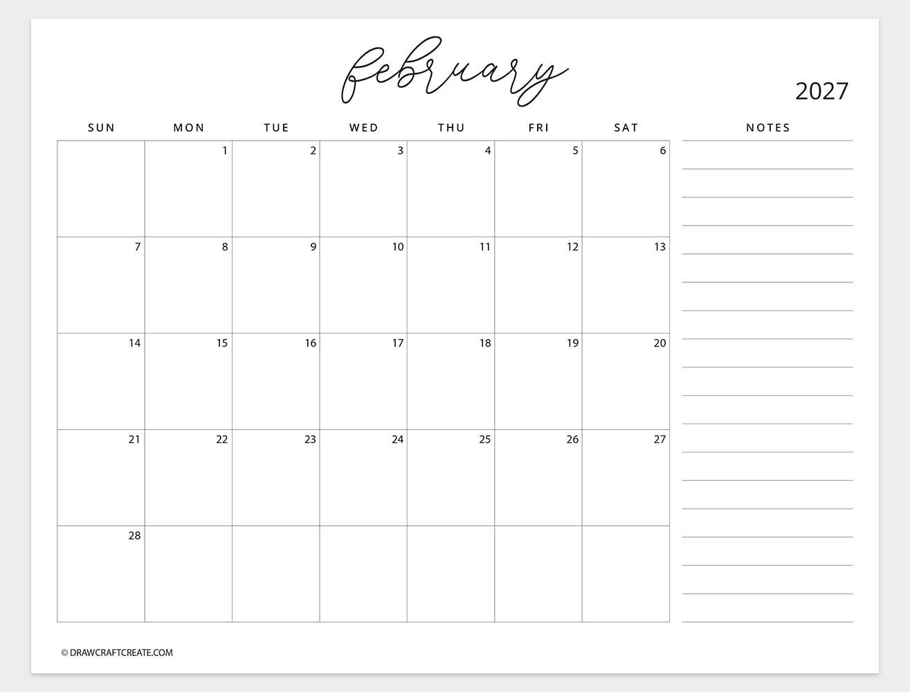 august 2027 calendar with note sunday start