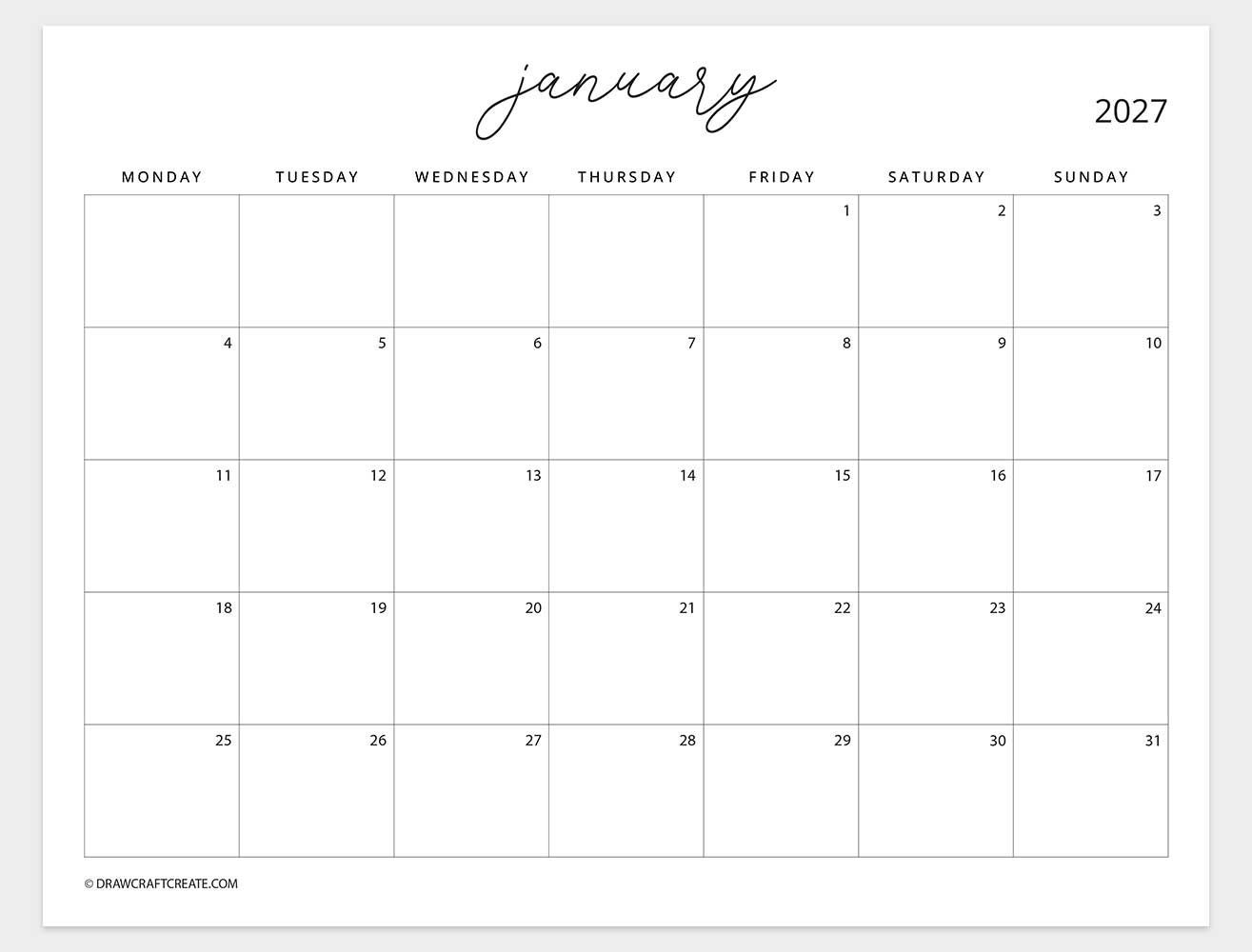 february 2027 calendar monday start