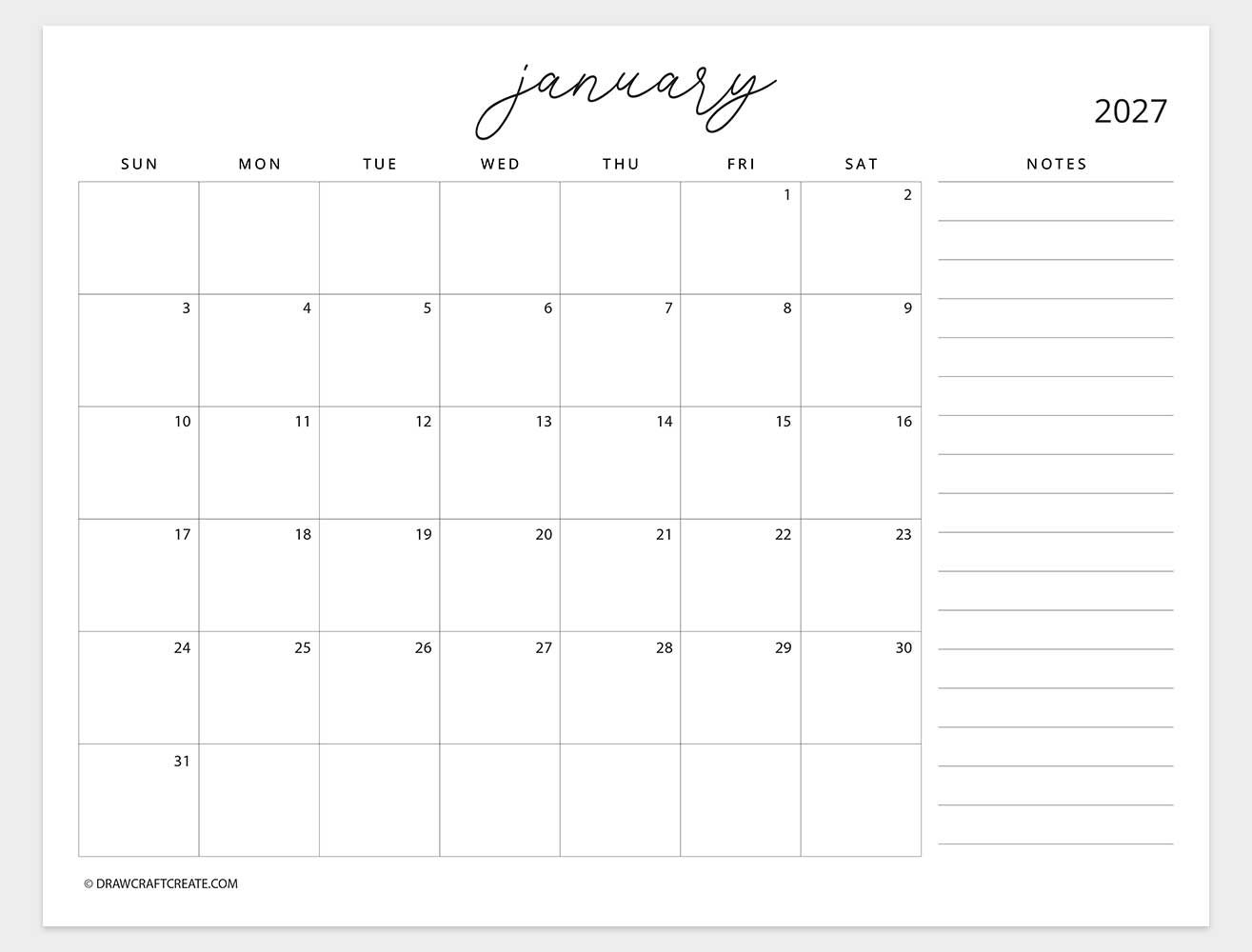 august 2027 calendar with note sunday start