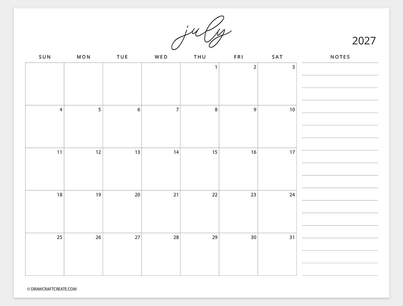 august 2027 calendar with note sunday start