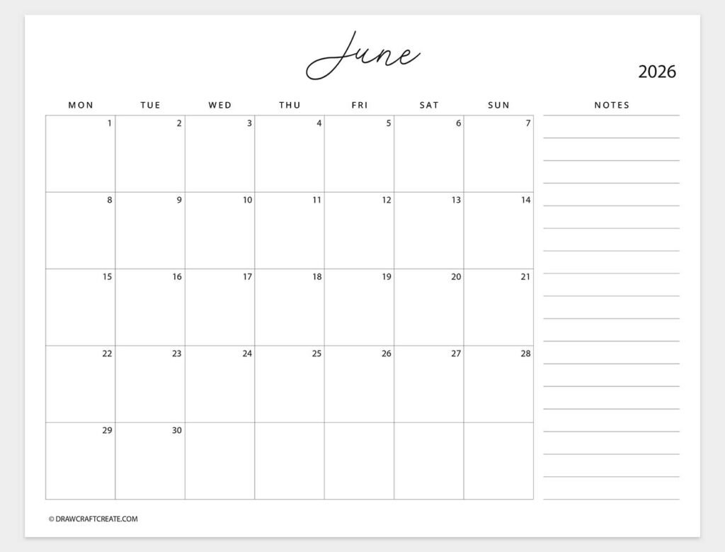 june 2026 calendar with note monday start