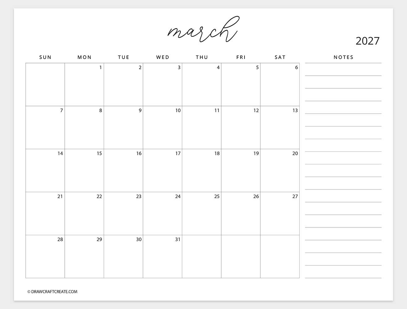 august 2027 calendar with note sunday start