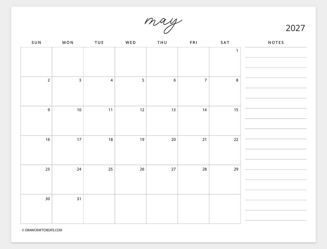 august 2027 calendar with note sunday start