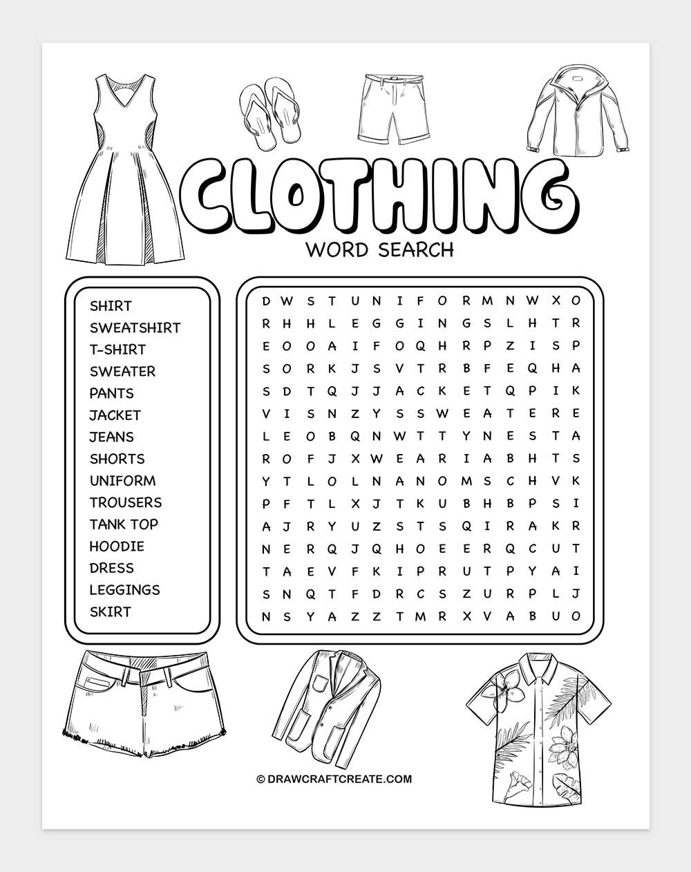 printable clothing word search