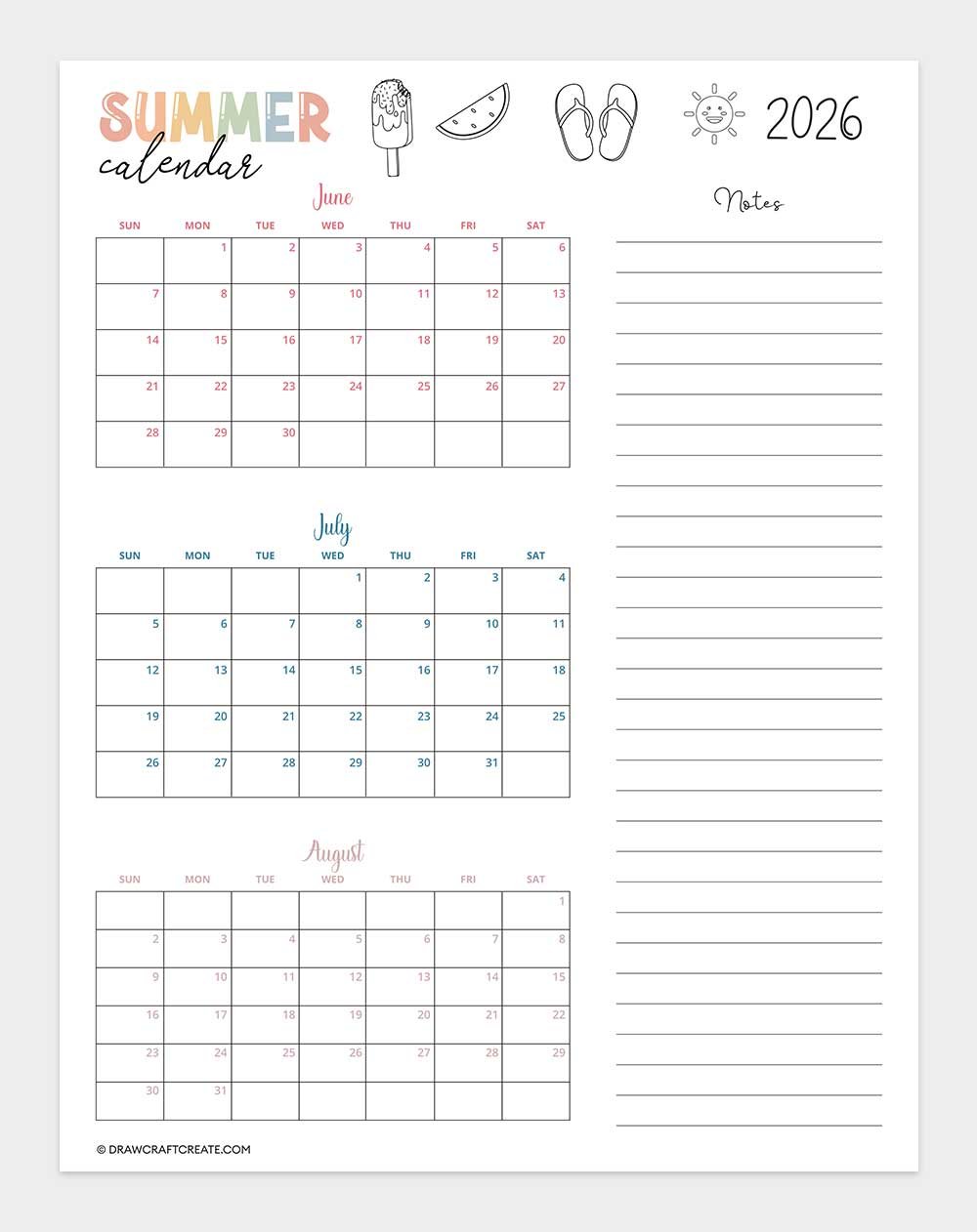 summer 2026 calendar