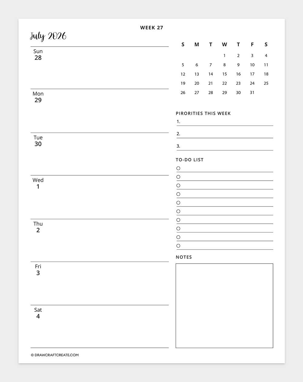 2026 weekly calendar week 27