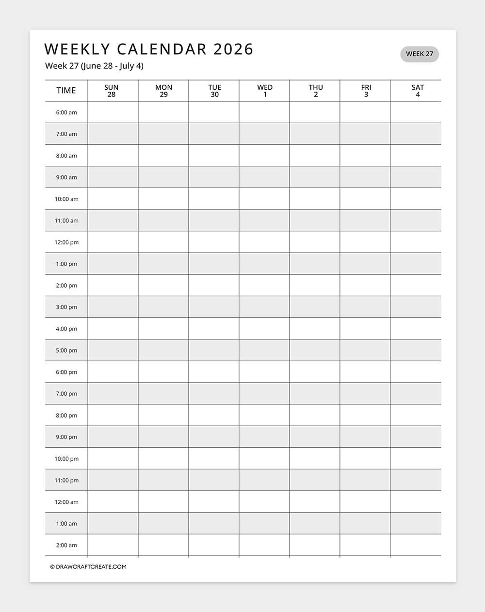 2026 weekly calendar week 27
