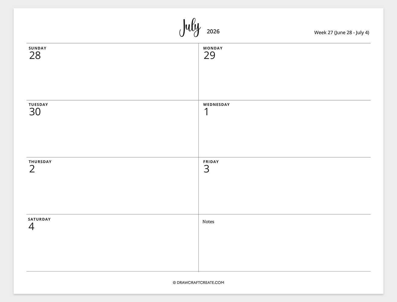2026 weekly calendar week 27