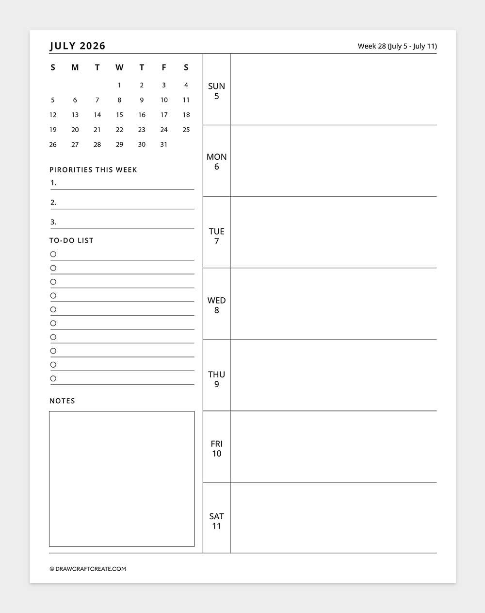 2026 weekly calendar week 28