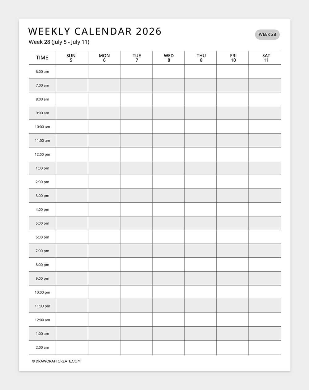 2026 weekly calendar week 28