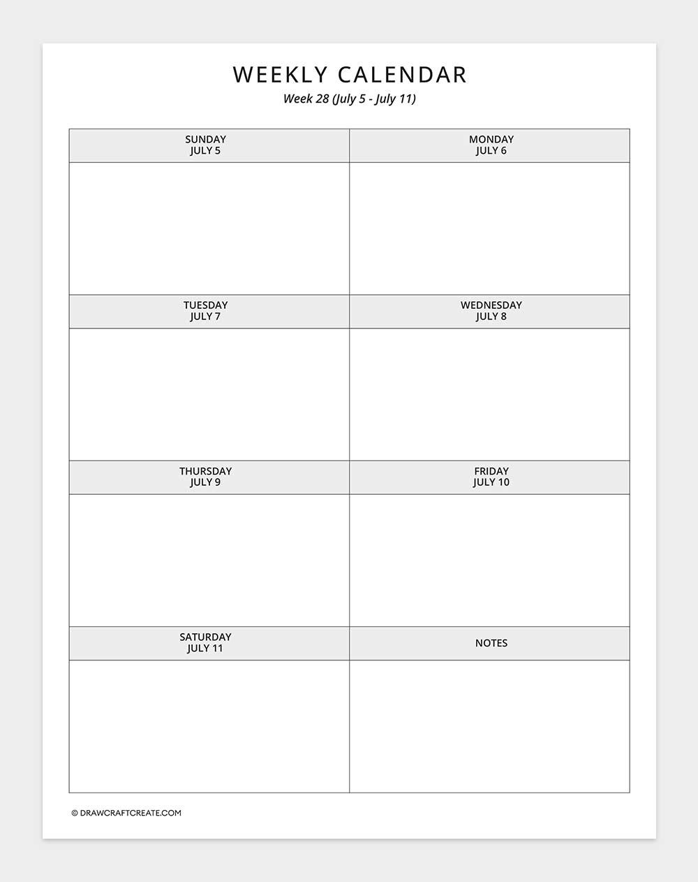 2026 weekly calendar week 28